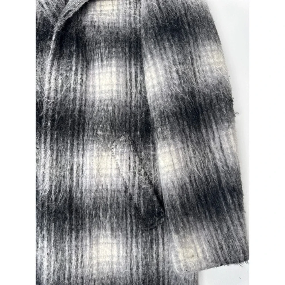 Saturdays NYC Mens Black White Plaid Wool Blend Shaggy Overcoat Jacket Size M
